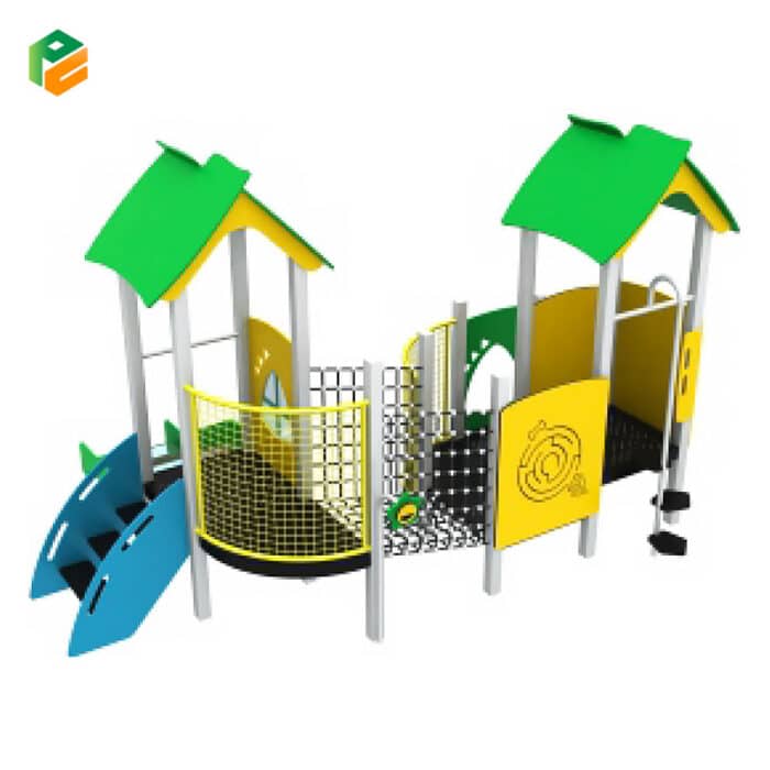 Double Tower Daycare Playground Equipment with Net Bridge-2