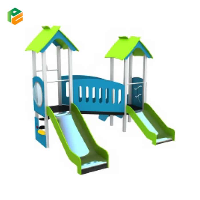 Double Tower Kindergarten Playground Equipment with Bridge-2